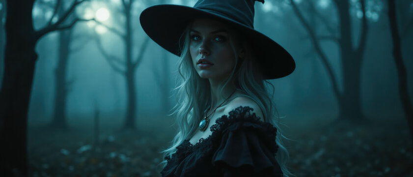 Witch in the misty woods, shapeshifter with magical necklace and wispy white hair beneath her witch's hat taking on the form of a beautiful young damsel, unseen moon and silhouette's of cursed trees