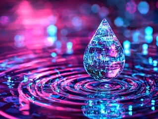 Futuristic Crystal Water Drop Reflecting Holographic Digital Landscape
