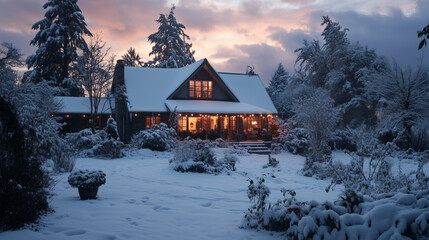 Serene winter evening snow covered home, garden, and patio under the setting sun