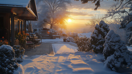 Serene winter evening snow covered home, garden, and patio under the setting sun