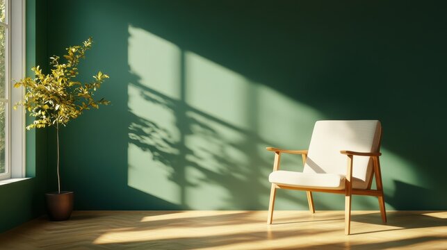 Fototapeta This image captures a soothing minimalist interior with a white chair and potted plant, highlighting natural light streaming through a window onto a dark green wall.