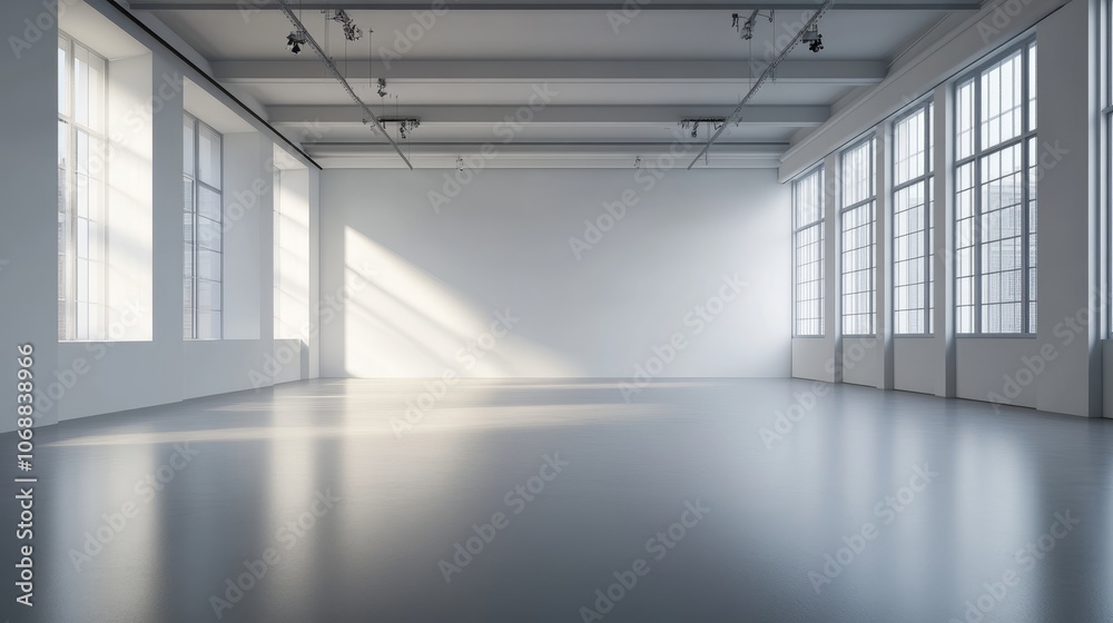 Poster empty white room with large windows and a concrete floor, sunlight coming through the window.