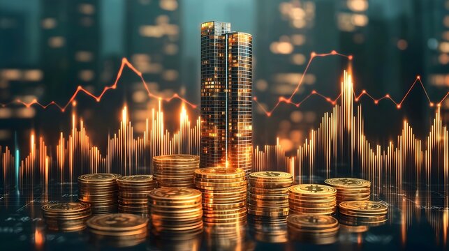 Skyscraper of Gold Coins Amidst Glowing Financial Graphs and Upward Arrows Representing Economic Growth