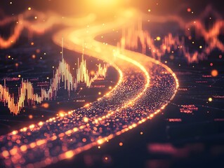 Glowing Financial Charts Lead to Golden Sunrise on Winding Road of Wealth and Freedom