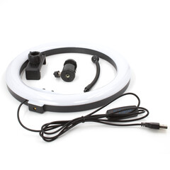 Photo of a ring lamp on a white background. Lighting for shooting videos, photos, blogs, video calls. Product photo for online store and website.