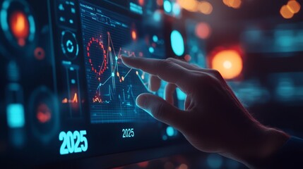 Fototapeta premium Hand interacting with a futuristic interface showing a chart of data for 2025.