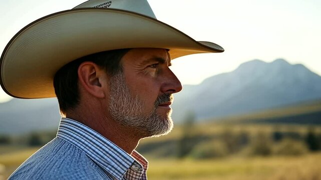 Cowboy Saddling Horse Under Open Sky with Mountain Background