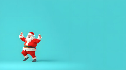 Cheerful Santa dancing joyfully in vibrant turquoise background