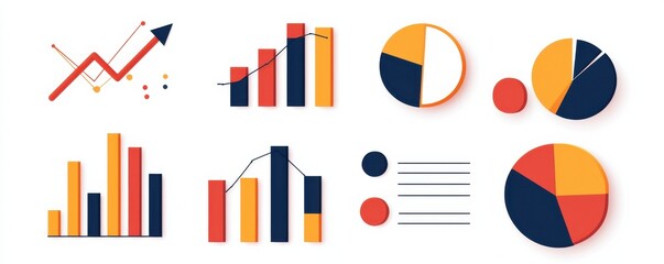 A collection of colorful charts and graphs illustrating data analysis, including bar graphs and pie charts, suitable for presentations or reports.