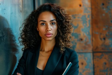 Fototapeta premium Confident mixed race businesswoman holding digital tablet in office
