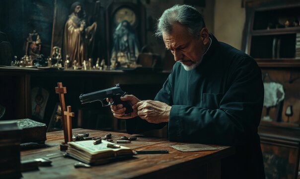 Man holding gun, surrounded by religious items.