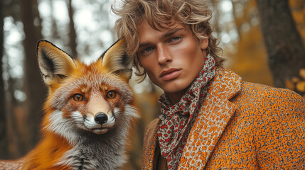 Portrait of a young man and a fox in the autumn forest