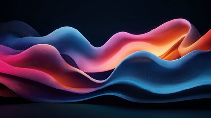Colorful abstract 3D waveforms with gradient shades of blue, pink, orange, and purple against a dark background.