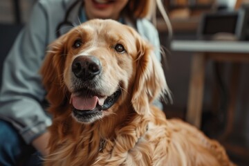 Smiling golden retriever with caring veterinarian pet check