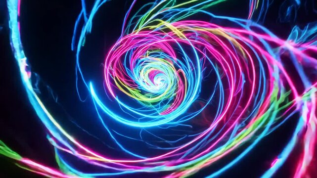Camera zooms out to capture chaotic explosion of vibrant neon colors. spirals of energy and light dance across the scene in rhythmic patterns
