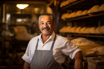 Fototapeta premium Portrait of a middle aged Hispanic worker in bakery