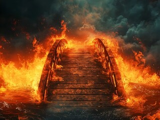 Burning Bridge Over Glowing River of Fire Symbolizing Destruction and Path Forward