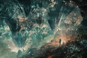 A lone figure stands on a shattered, crystalline landscape.
