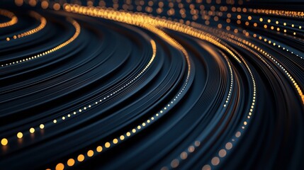 Fototapeta premium Abstract image featuring curved dark lines with glowing orange light dots creating a futuristic and dynamic pattern