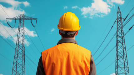power engineer in orange vest and yellow helmet stands against backdrop of power lines and clear blue sky, showcasing dedication to safety and infrastructure