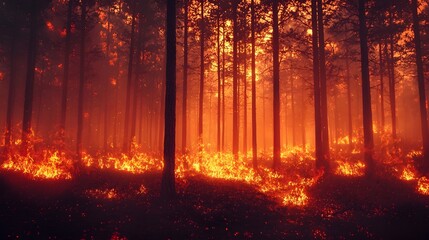 Mystical Fiery Forest Landscape with Glowing Trees and Surreal Dreamlike Ambiance