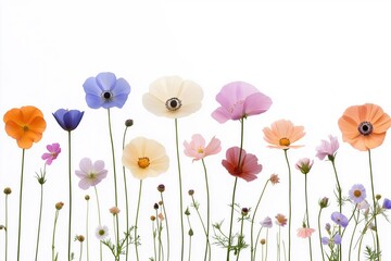 Fototapeta premium A row of flowers with a variety of colors, including pink, orange, and blue. The flowers are arranged in a line, with some overlapping each other. Scene is cheerful and vibrant