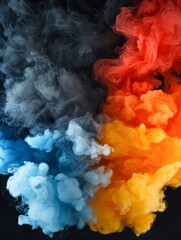 Fototapeta premium Colorful smoke swirls blend blue, yellow, orange, and red against a dark background, creating a captivating abstract visual, Ideal for creative projects, advertising, or artistic presentations,