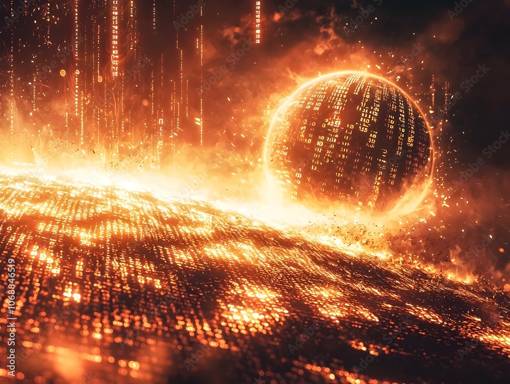 Poster fiery digital explosion transforming into scattering binary code in futuristic landscape