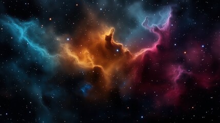 Fototapeta premium Colorful cosmic nebula in deep space with vibrant orange, blue, and pink clouds amidst a star-filled galaxy.