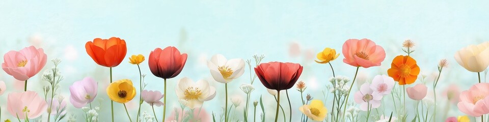 A colorful field of flowers with a blue sky in the background. The flowers are of various colors and sizes, creating a vibrant and lively scene