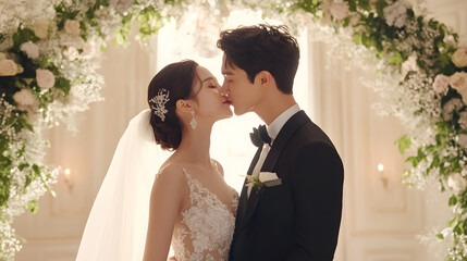 romantic Korean wedding photo of couple sharing kiss in floral setting