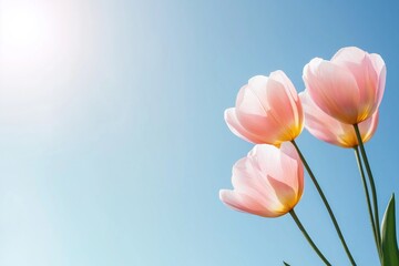 Three pink flowers are in the foreground of a blue sky. The flowers are in full bloom and are the main focus of the image. The blue sky in the background creates a serene and peaceful atmosphere
