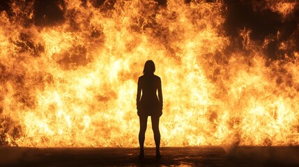 Fototapeta premium Silhouetted Figure Facing Fiery Wall Challenge Concept with Copy Space