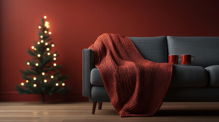 A cozy living room scene featuring a soft blanket draped over a couch, with a decorated Christmas tree and warm lighting.