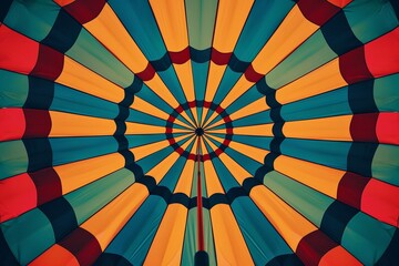 Colorful pattern of the hot air balloon fabric, seen from inside looking up at its center point