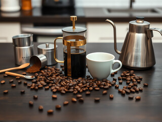 A cozy coffee setup with freshly brewed French press and scattered coffee beans on a kitchen counter