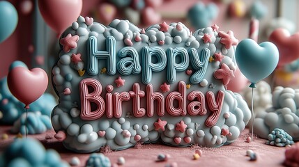Playful Cartoon-Style 3D 'Happy Birthday' Text with Clouds, Hearts, and Floating Balloons on a Soft Pink Background - A Cute, Cheerful, and Animated Design with Stars and Pastel Colors
