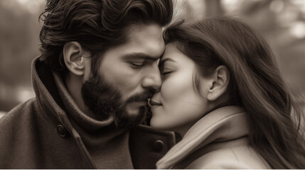 Fototapeta premium Romantic Couple Kissing in Black and White Film Noir Style