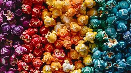 A close-up of rainbow flavored popcorn with vibrant colors and unique textures offering a fun and colorful snack for parties or special occasions