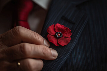 a hand placing a poppy pin on a lapel.