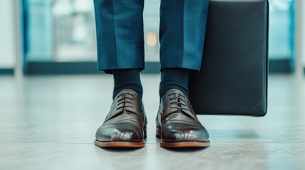 A close-up of polished brown leather shoes, paired with tailored pants and a stylish black briefcase, set against a modern office backdrop.