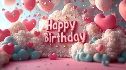 Playful Cartoon-Style 3D 'Happy Birthday' Text with Clouds, Hearts, and Floating Balloons on a Soft Pink Background - A Cute, Cheerful, and Animated Design with Stars and Pastel Colors