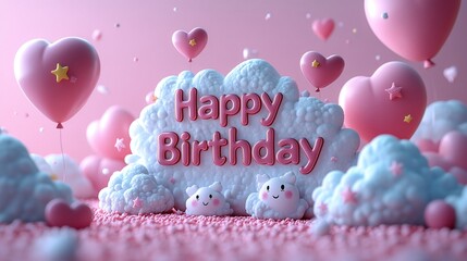Playful Cartoon-Style 3D 'Happy Birthday' Text with Clouds, Hearts, and Floating Balloons on a Soft Pink Background - A Cute, Cheerful, and Animated Design with Stars and Pastel Colors