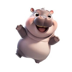 Cute fat hippopotamus Jumping and bouncing with joy, 3D cartoon. PNG transparent. 