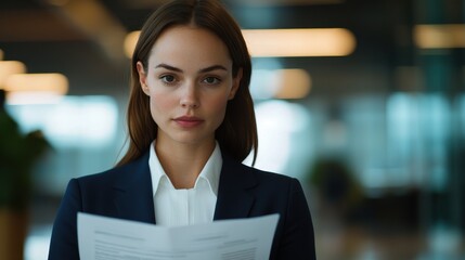 Fototapeta premium A focused woman in professional attire holds a document, exuding confidence in a modern office environment with blurred background elements.