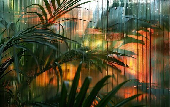 Tropical plants behind reeded glass visual effect texture with sunset light. Abstract botanical background with stripes. Contemporary aesthetics, translucent surface, modern geometric linear design