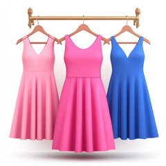 Three sleeveless dresses in pink, hot pink, and blue hanging on hangers.