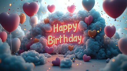 Playful Cartoon-Style 3D 'Happy Birthday' Text with Clouds, Hearts, and Floating Balloons on a Soft Pink Background - A Cute, Cheerful, and Animated Design with Stars and Pastel Colors