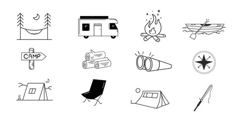Camping Hand Drawn Icon Collection,Cute Drawing of happy Nature Trip, Doddle related camp activity and fun,nature trip icon collection. 