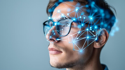 Hombre con representación digital de redes de inteligencia artificial